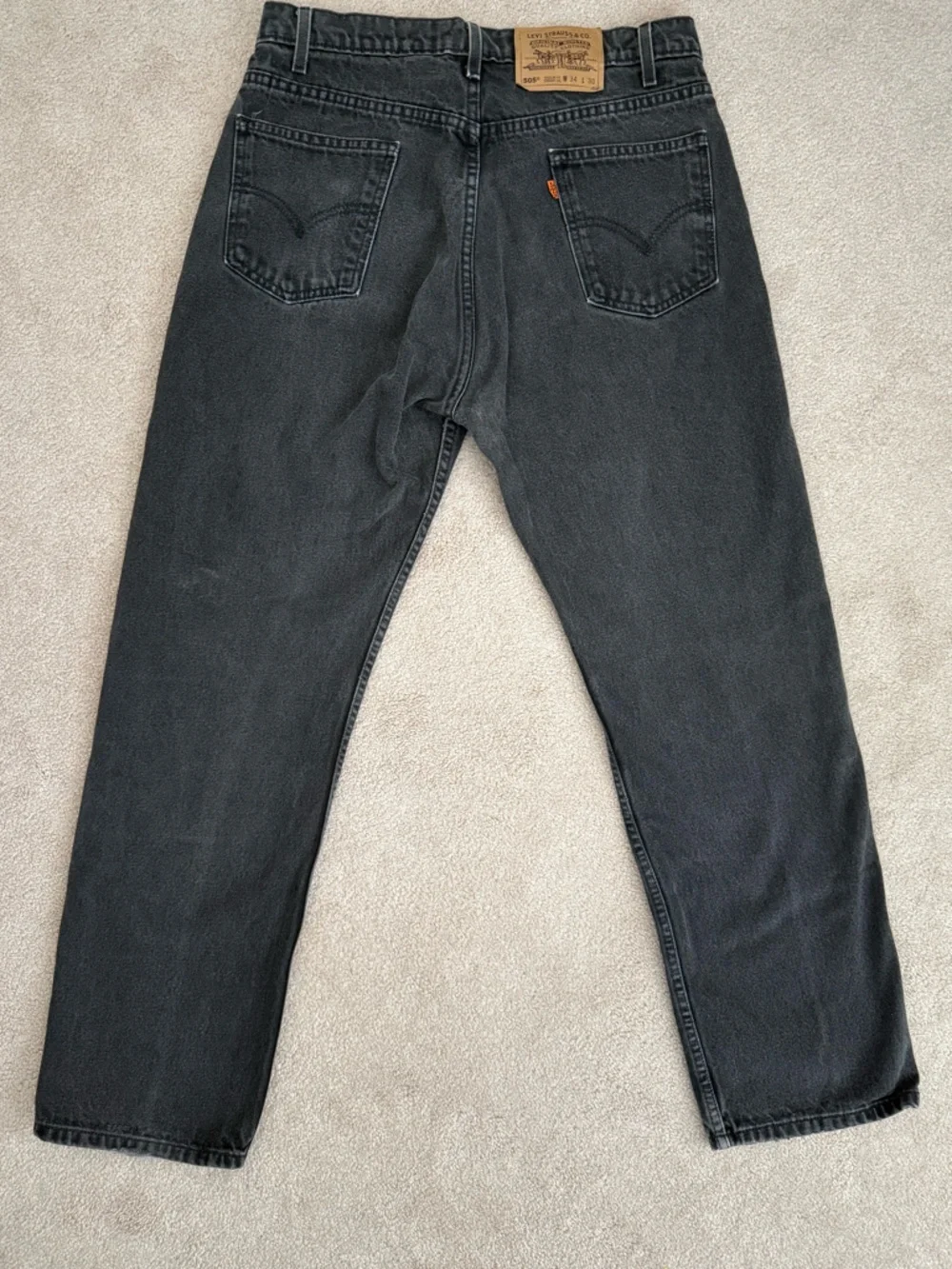 Vintage 90s Levis 505 Jeans Straight Leg 34x30 Black Faded Denim Orange Tag